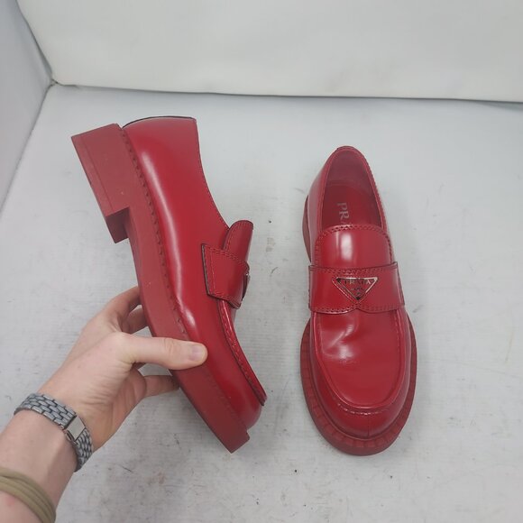 Prada Red Chocolate Brushed Leather Loafer - Picture 1 of 12